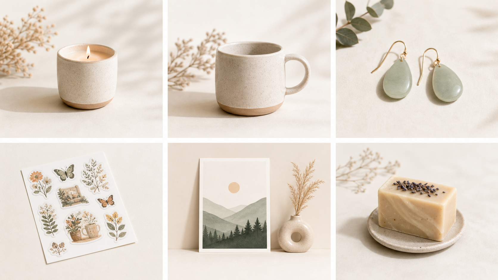 Grid of diverse handmade Etsy products — candle, jewelry, sticker sheet, soap, knitwear, prints