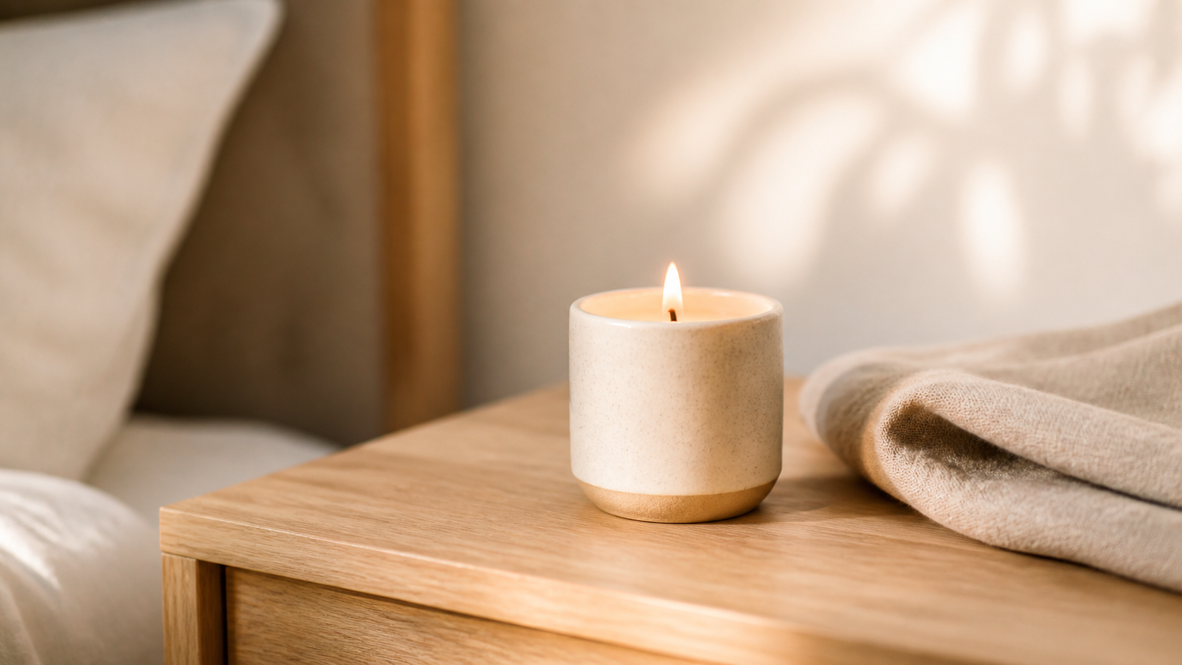 Lifestyle product photo of a handmade candle on a clean wooden nightstand with books and reading glasses, warm evening light