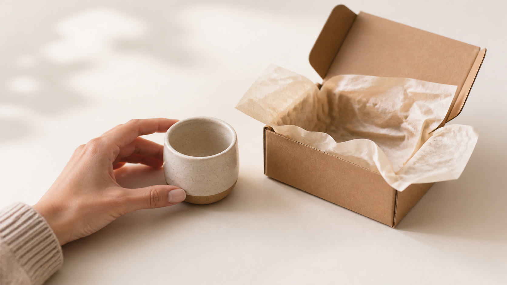 Side-by-side: scale shot of stud earrings next to a quarter coin on marble (left) and gift packaging shot of soap in a kraft box with lavender (right)