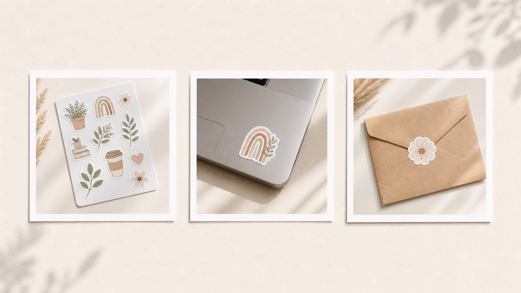 Three sticker listing photos in a row — botanical sticker sheet flat lay, single die-cut floral sticker on a laptop corner, and a kraft envelope with a sticker on the flap