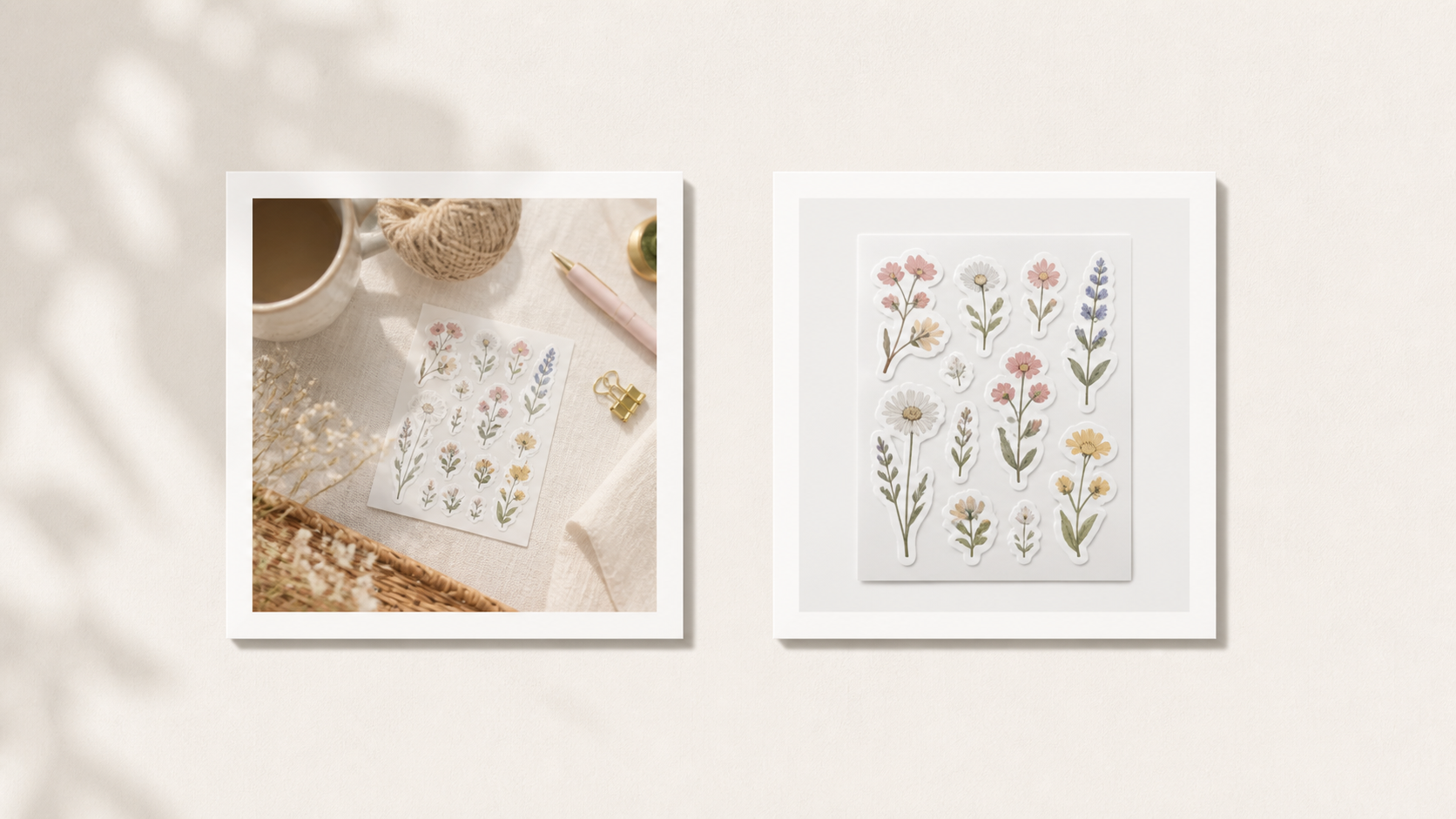 Two sticker main image options side by side — busy cluttered desk where designs are hard to read (Too Busy), clean off-white background with every sticker readable (Clean and Clear)
