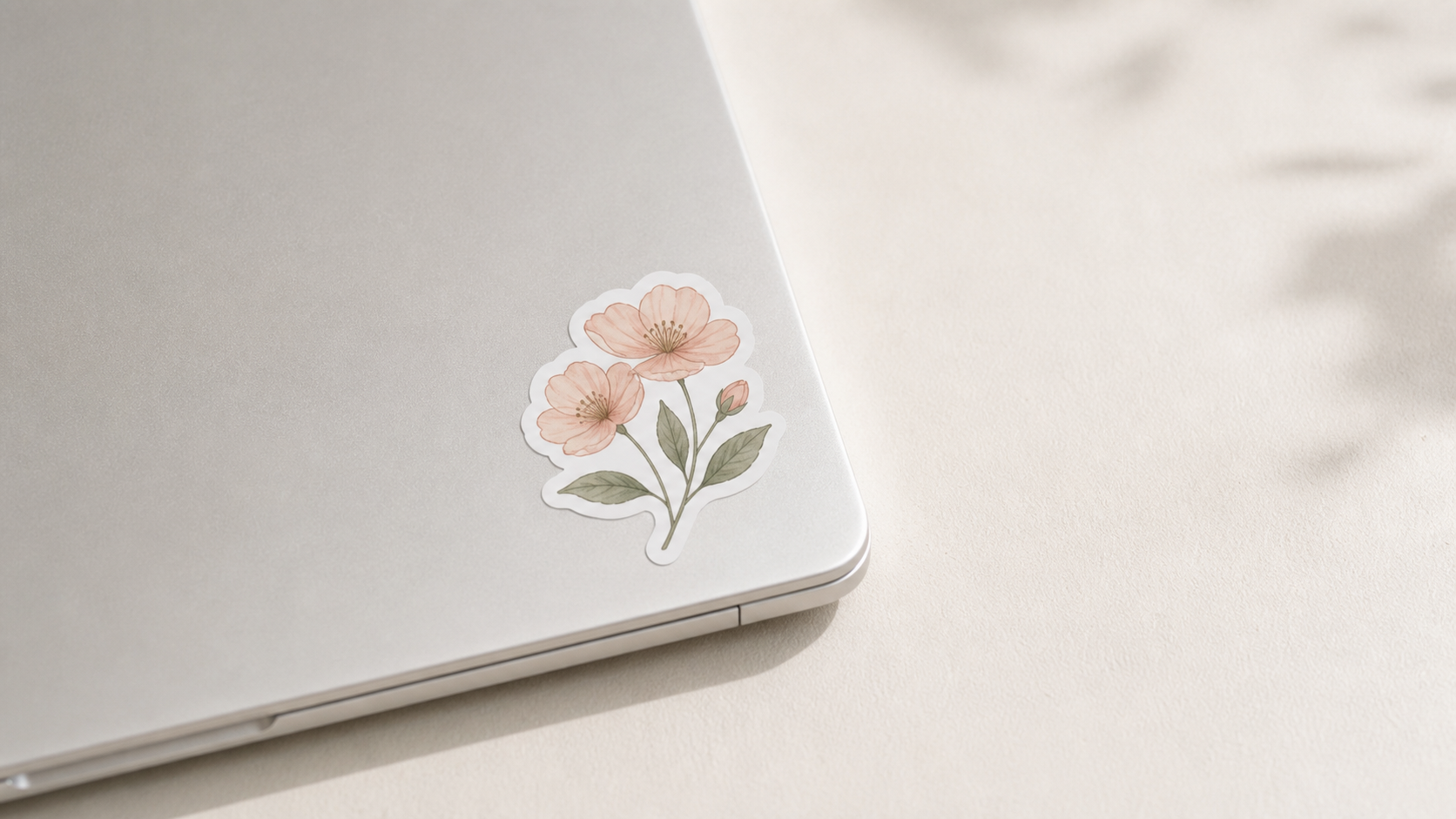 Two laptop sticker mockups — left shows a sticker covering half the laptop lid (Unrealistic Scale), right shows the same sticker proportionally placed on the lower corner (Realistic Scale)