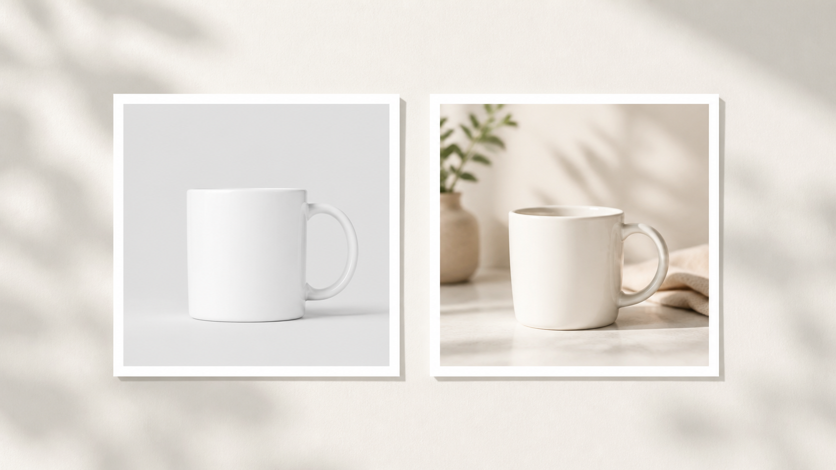 Side-by-side comparison — left labeled Template Mockup with a generic white mug on grey, right labeled AI Mockup with the same mug in a warm kitchen scene with natural light