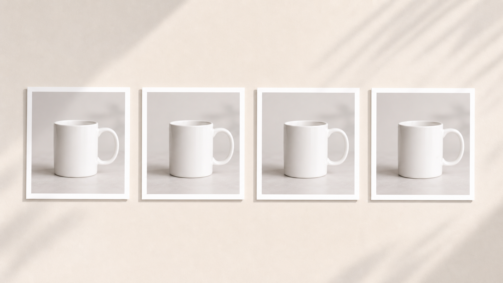 Mockup of an Etsy search results page where six of eight mug listings use the same generic template mockup — two unique AI-generated listings stand out clearly