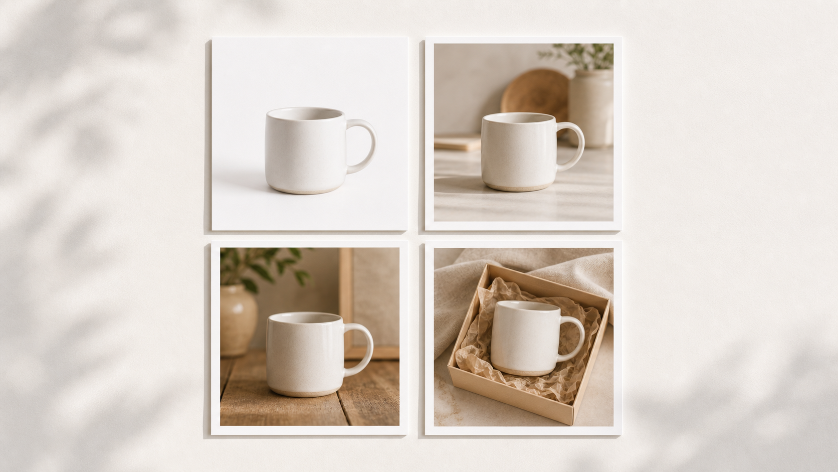 Four AI-generated photos of the same ceramic mug in different scenes — clean white studio, rustic wood kitchen counter, cozy knit blanket evening, outdoor cafe table