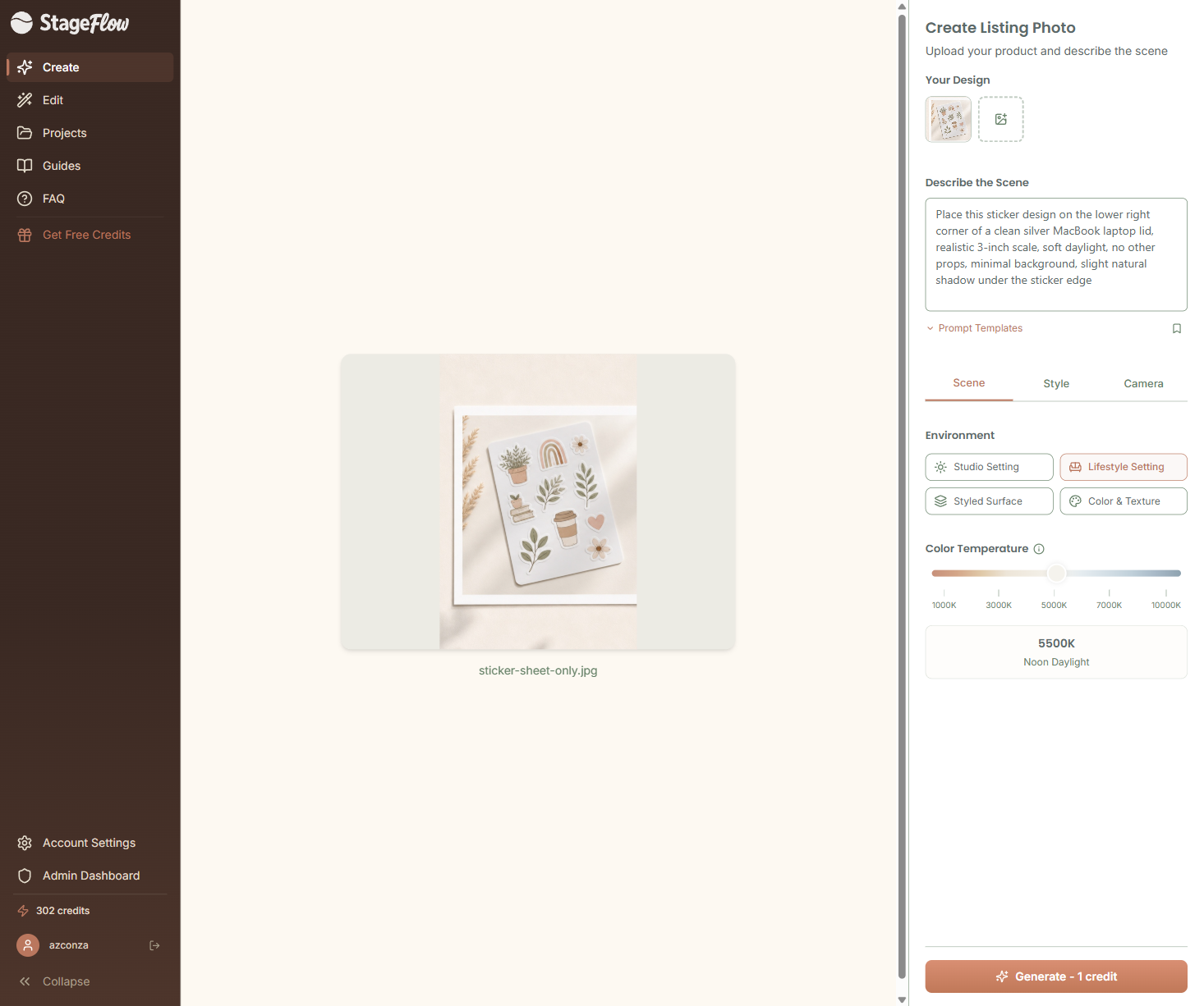 Stageflow create page with a sticker sheet design uploaded, a sticker-specific scene prompt typed, Lifestyle Setting selected, and Color Temperature at 5500K Noon Daylight